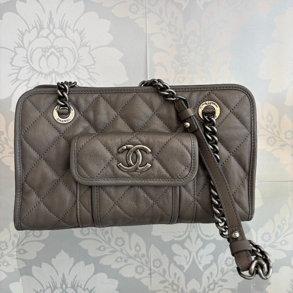 Chanel Calfskin Quilted Small Casual Riviera Zip Shoulder Bag in Gray